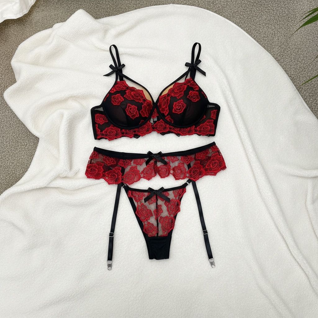 Conjunto de tres piezas de encaje floral para mujer con accesorio - Colección Noche