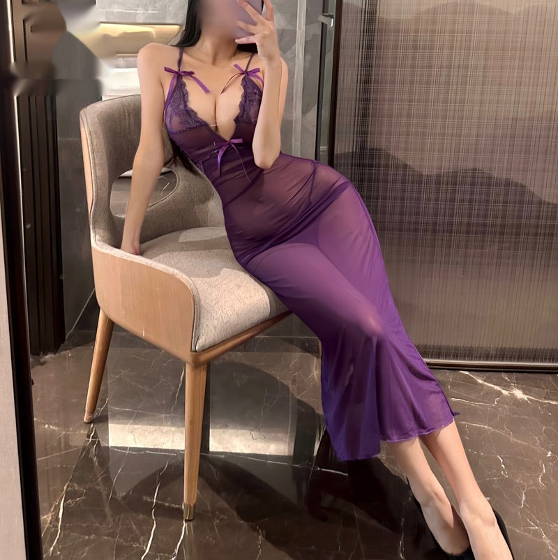 Vestido midi con encaje, escote en V ajustable, colección Noche Bellamour Lux